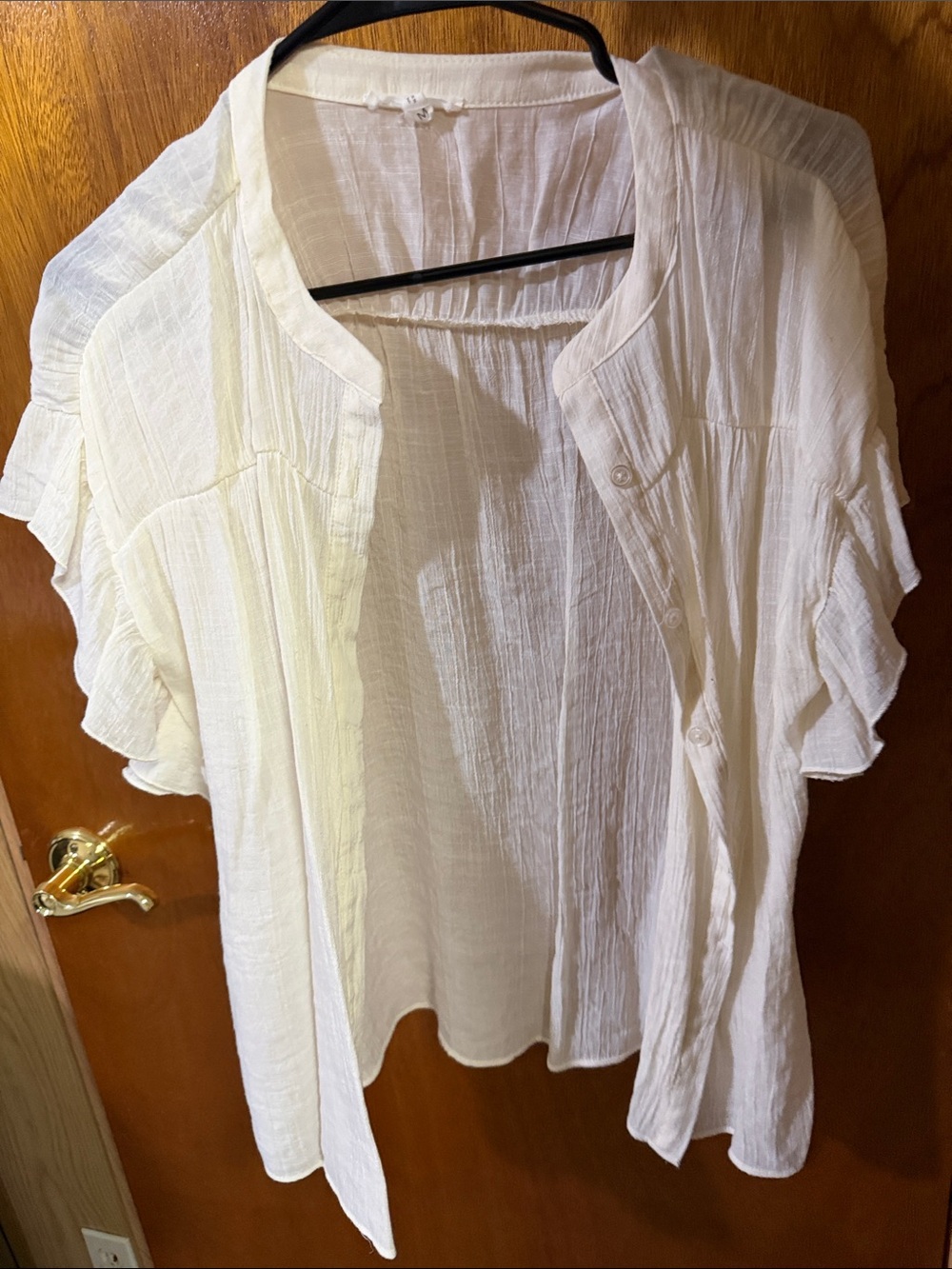 Maurices White Crinkle Button-Up Blouse with Ruffle Sleeves